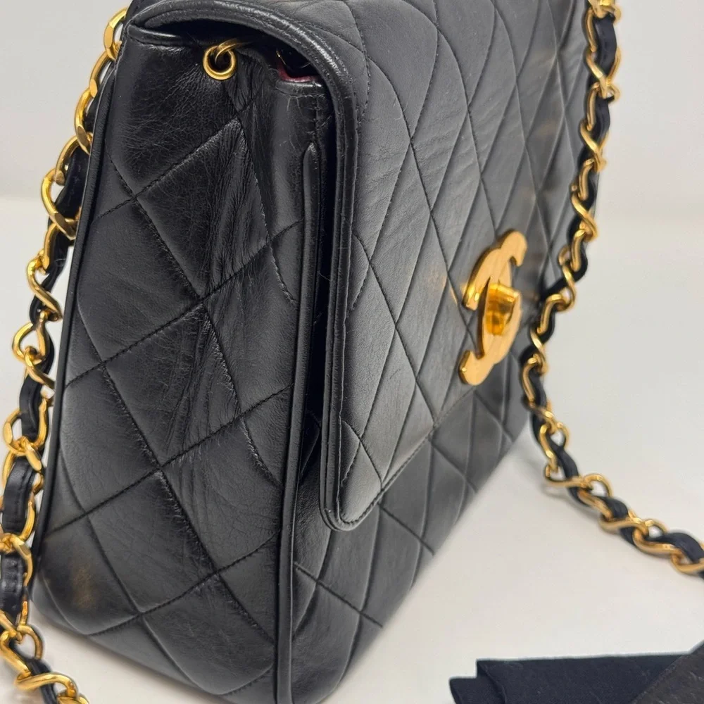 💯💎Authentic💎CHANEL Rare Black Lambskin XL CC Quilted Flap Bag 24k GP Hardware